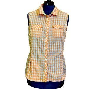 Eddie Bauer Button Down Women's Shirt L White Orange Gingham Check Short Sleeves